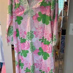 Lilly Pulitzer Vintage Pink and Green Dress with Lace Trim, size Large